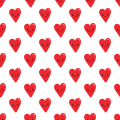 Valentines Day vector seamless pattern background with smiling red heart characters.

