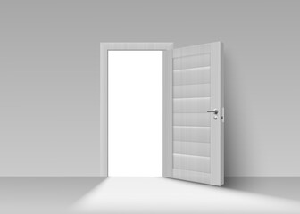 Realistic open room door on wall with blank frame with white light.