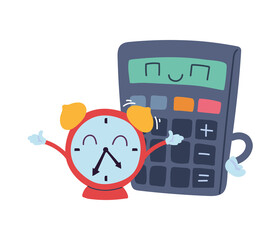calculator and clock with happy face cartoon