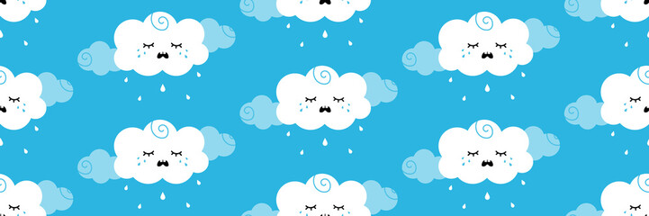 Vector seamless pattern background with cute cartoon style cloud character crying, rainy weather concept.
