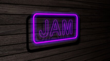 Jam purple color neon fluorescent tubes signs on wooden wall. 3D render, illustration, poster, banner. Inscription, concept on gray wooden wall background.