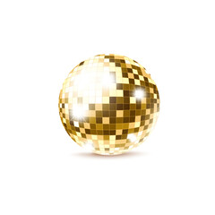 Golden mirror disco ball template, realistic vector illustration isolated.