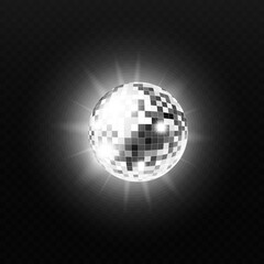 Silver sphere or disco ball with glow template, realistic vector illustration.