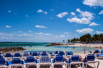 The beautiful Cococay island beach,Bahama. background blue sky.