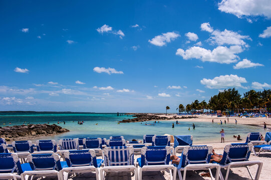 The beautiful Cococay island beach,Bahama. background blue sky.