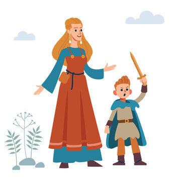 Woman viking. Historic medieval viking family. Mother and son. Vector Isolated on white background. Flat style.