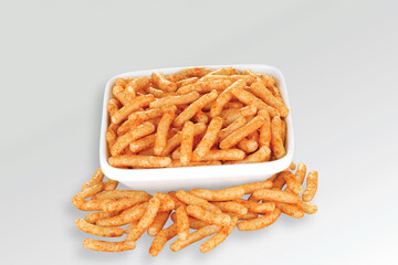 Fried and Spicy Stick, Sali Sev, noodles, Snacks or Fryums (Snacks Pellets) White background. selective focus - Image