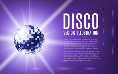 Background template with disco mirror ball rays realistic vector illustration.