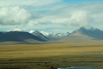 The scenery of Tibet from window of Qinghai Tibet Train (Lhasa Express), Tibet, China.
