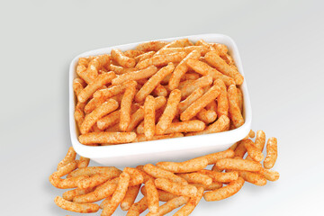 Fried and Spicy Stick, Sali Sev, noodles, Snacks or Fryums (Snacks Pellets) White background....