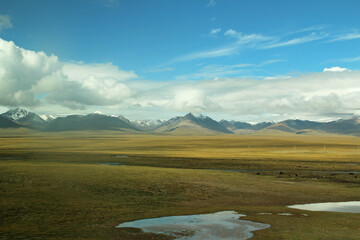 The scenery of Tibet from window of Qinghai Tibet Train (Lhasa Express), Tibet, China.