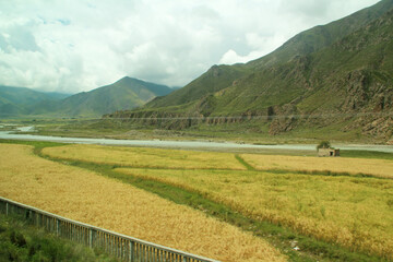 The scenery of Tibet from window of Qinghai Tibet Train (Lhasa Express), Tibet, China.