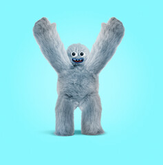 happy tedy yeti monster puppet blue background