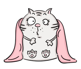 Cute cat covered with a blanket cartoon style kawaii. Cat Flat vector illustration. Sketch card for t shirt design, School books, Greeting cards, posters