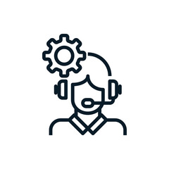 Operator call center with gear outline icons. Help and support concept. Editable stroke. Isolated icon suitable for web, infographics, interface and apps.