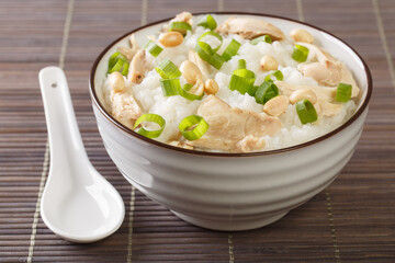 Jook slightly salted rice porridge with chicken, peanuts and green onions close-up in a bowl on the table. horizontal