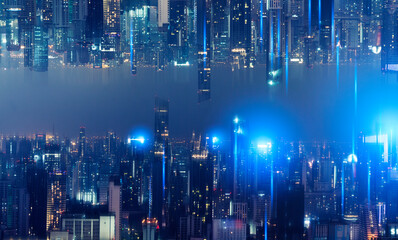 Financial business digital smart city, futuristic cyber space background of big city light...