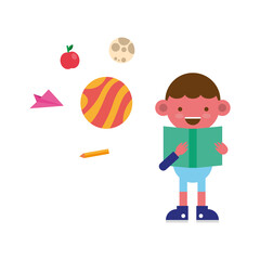 little student boy with set icons comic character