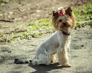 Yorkshire terrier sitting on the ground
