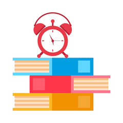pile text books learning with alarm clock