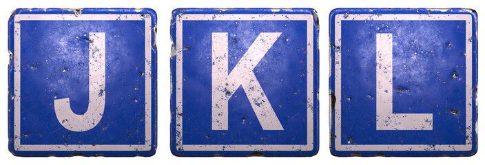 Set of public road sign in blue color with a capital white letters J, K, L in the center isolated on white background. 3d