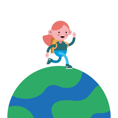 Obraz na płótnie Canvas little student girl walking in planet comic character