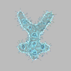 Alphabet made of virus isolated on gray background. Symbol yen. 3d rendering. Covid font