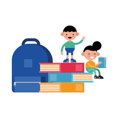 little students boys seated in books comic characters