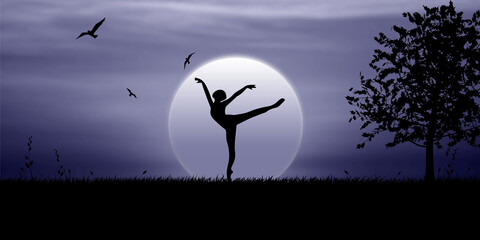 Woman doing ballet in the moonlight at night, birds fly in the sky
