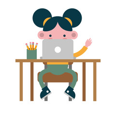 little student girl using laptop seated in school desk comic character