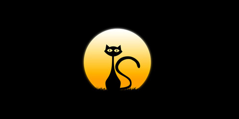 The cat sits in the dark moonlight at dusk