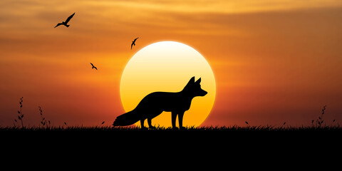 Fox walks at sunset, birds fly in the sky