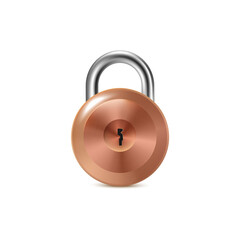 Mockup of fastened brass padlock 3d realistic vector illustration isolated.
