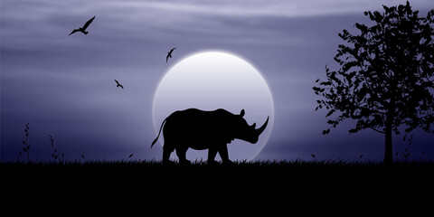 Rhino walks in the moonlight at night, birds fly in the sky