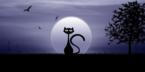 The cat is sitting in the moonlight at night, birds are flying in the sky