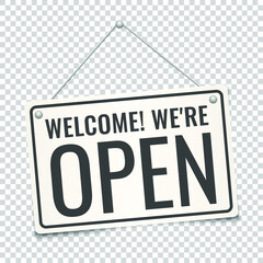 Welcome, we are open. White signboard on a rope hanging from a nail. Realistic vector illustration with shadow on transparent background. Concept of resuming work after a downtime. - 366875042