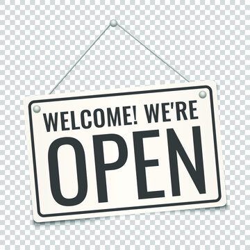 Welcome, we are open. White signboard on a rope hanging from a nail. Realistic vector illustration with shadow on transparent background. Concept of resuming work after a downtime.