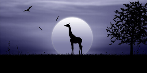 Giraffe walks in the moonlight at night, birds fly in the sky