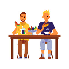 Two men eating food sitting behind table, people having lunch together