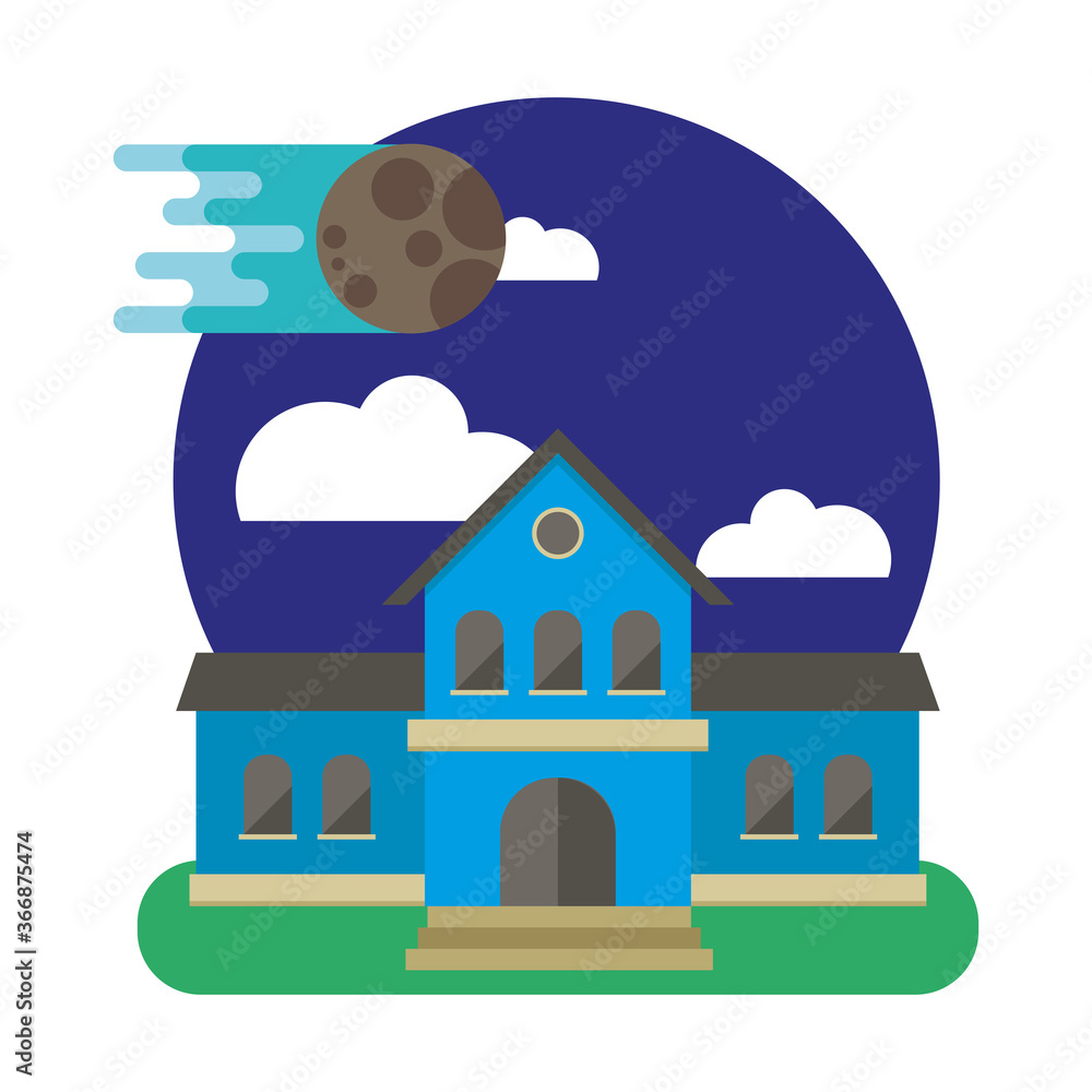 Poster school building front facade with moon scene