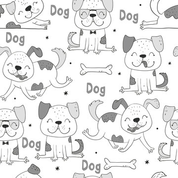 Seamless pattern with dog. Vector print with cute funny fashionable dogs. Vector illustration.