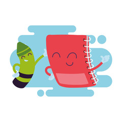 notebook and crayons with happy face cartoon