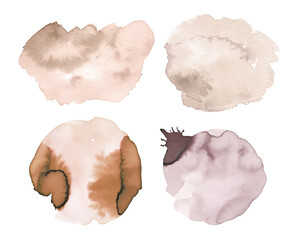 Set of watercolor brush stroke and stain in neutral color. Hand drawn pastel brush stains isolated on white background, abstract design elements.