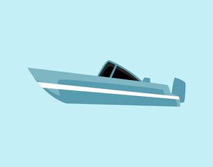 Blue flat motor boat - isolated cartoon motorboat type water transport.