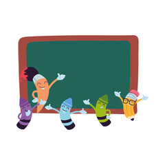 board and school supplies with happy face cartoon