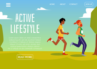 Active lifestyle banner background with running people flat vector illustration.