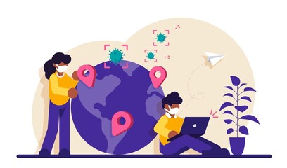 Coronivirus Distribution News Concept. A man and a woman near the planet with pins over the centers of the virus spread. Modern flat illustration.