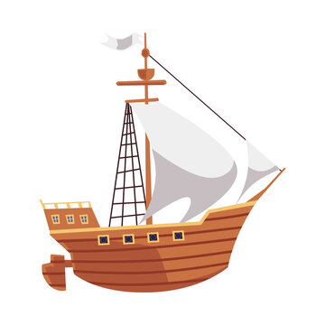 Cartoon wooden ship for sea travel with white sails and flag.