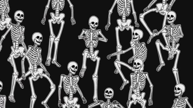 Seamless animation of dancing skeletons printed drawn style cartoon. Funky halloween background with marker stroke effect in black and white.