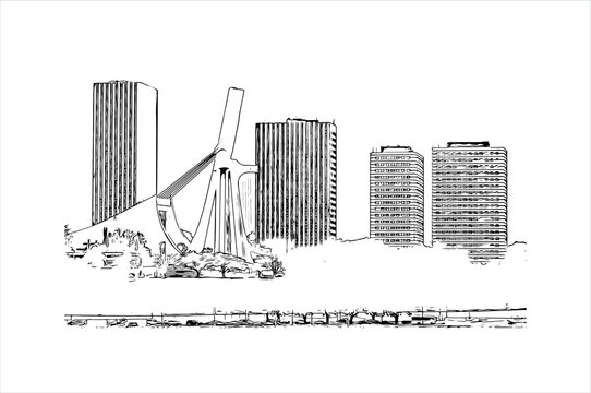 Building view with landmark of Abidjan is a city on the southern Atlantic coast of Cote d'Ivoire, in West Africa. Hand drawn sketch illustration in vector.